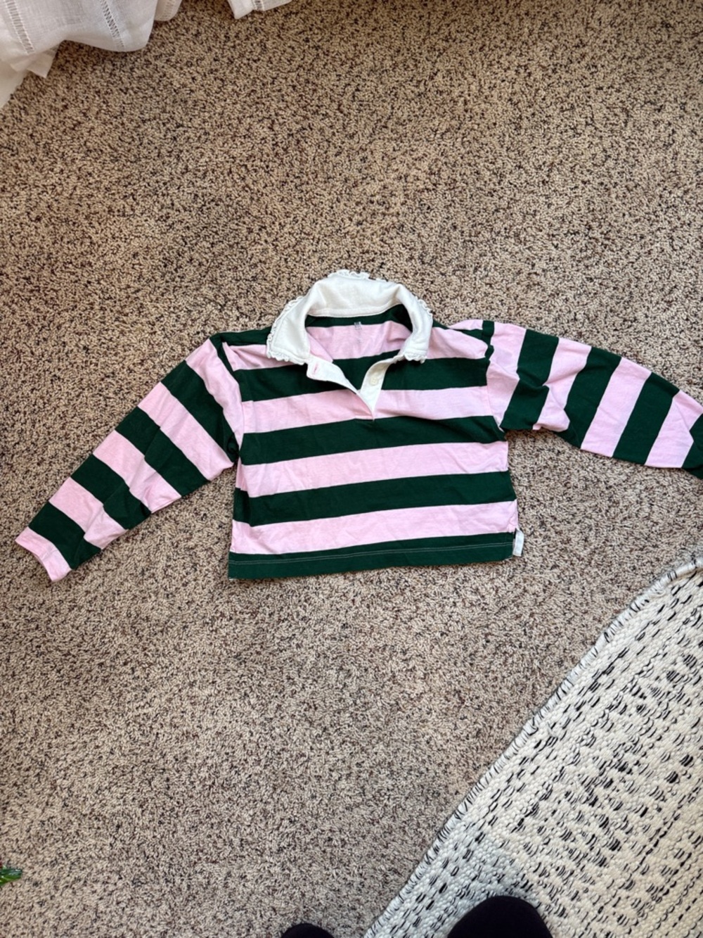 GAP Kids Long Sleeve Rugby Shirt in Pink and Dark Green Stripes